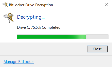 The BitLocker decryption progress dialog