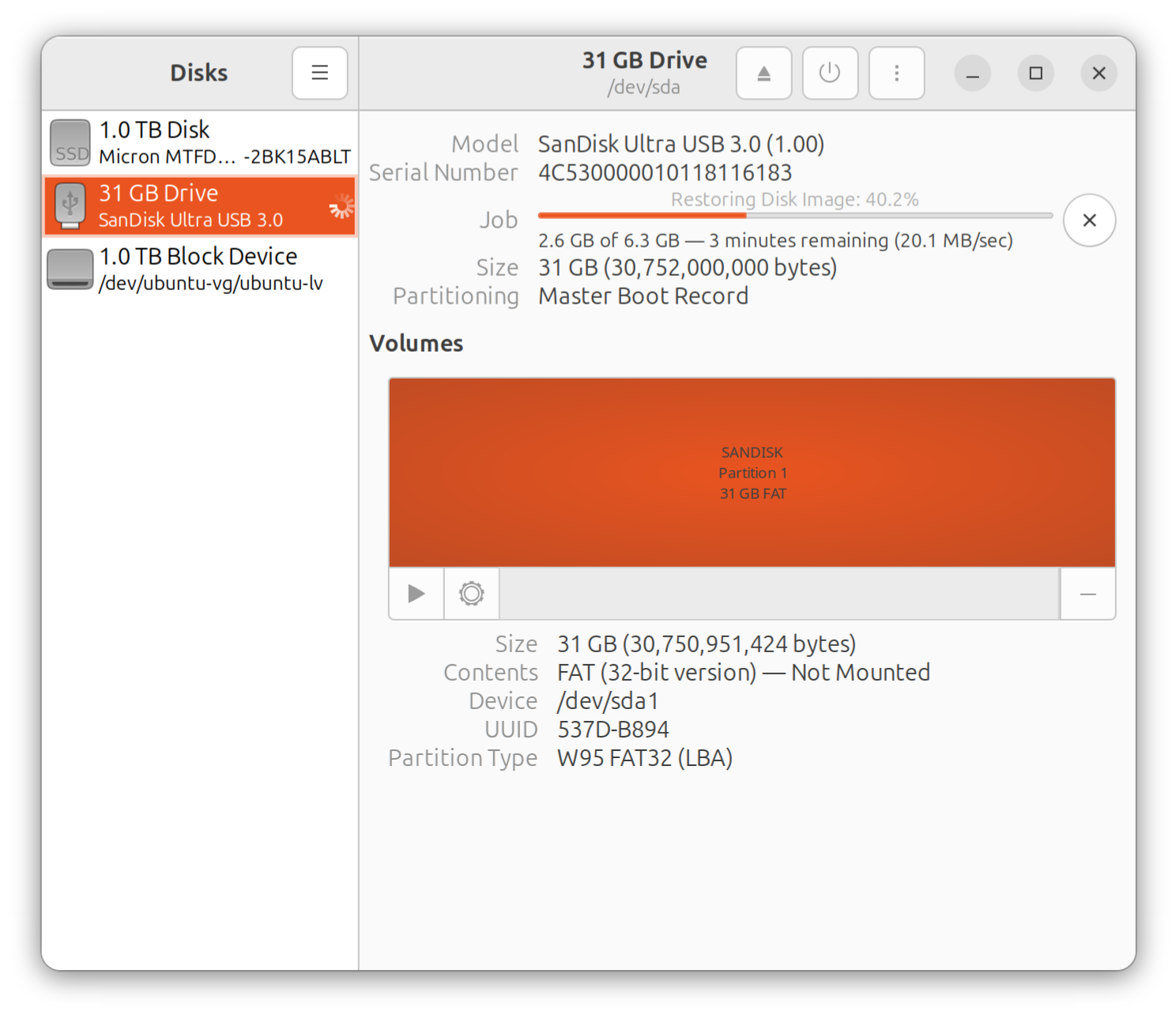 Disks writing the image to USB