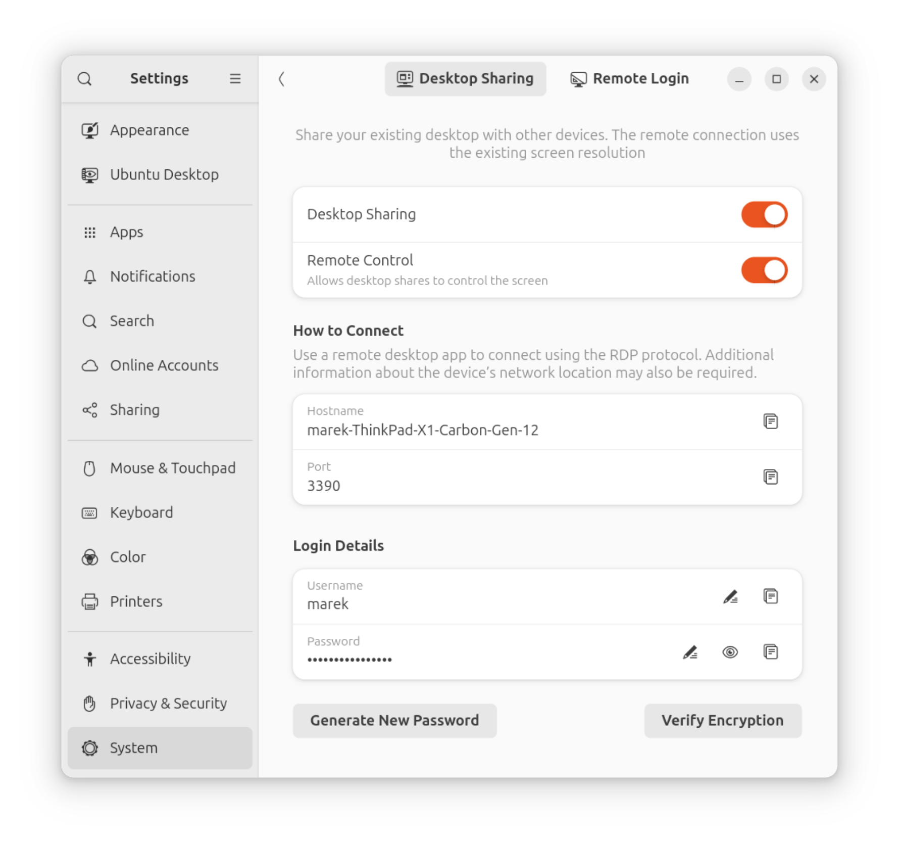 Desktop Sharing enabled in Settings