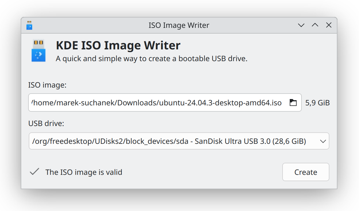 KDE ISO Image Writer with a selected USB drive and a verified ISO image. It says "The ISO image is valid"