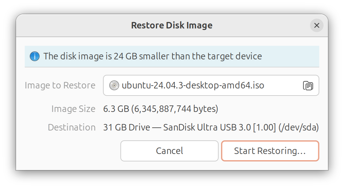 The Restore Disk Image dialog