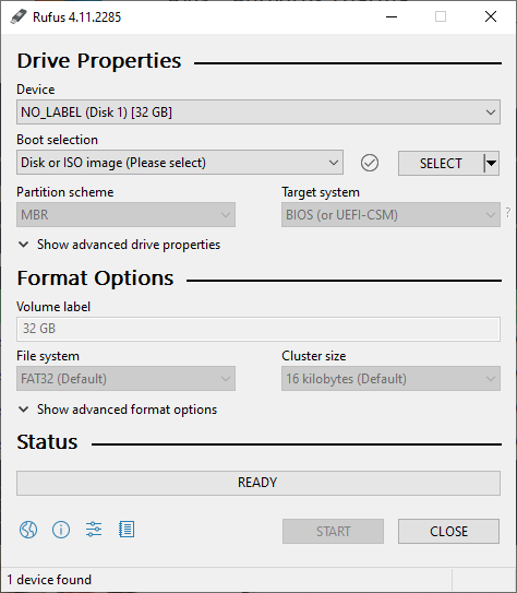 Selected a USB drive in Rufus