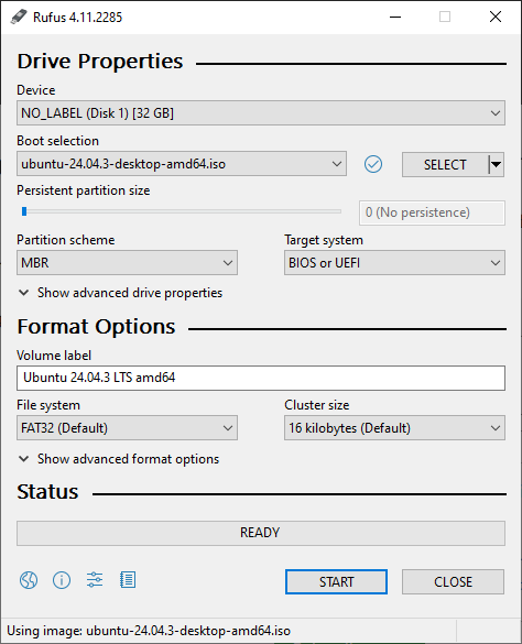 Selected the ISO file in Rufus