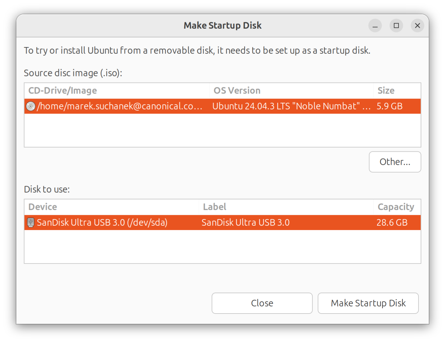 The Make Startup Disk window with Ubuntu 24.04 and a USB drive